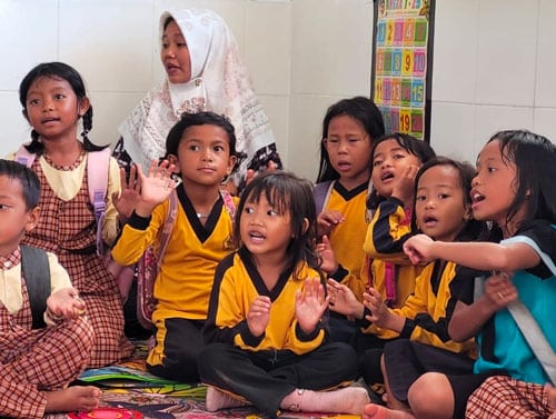School students having fun in their new school